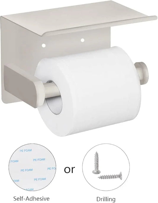 VAEHOLD Self Adhesive Toilet Paper Holder with Phone Shelf SUS 304 Stainless Steel Wall Mounted Toilet Paper Roll Holder - Rustproof and Bathroom Washroom Tissue Roll Holder with Shelf -Beige - ModernBath