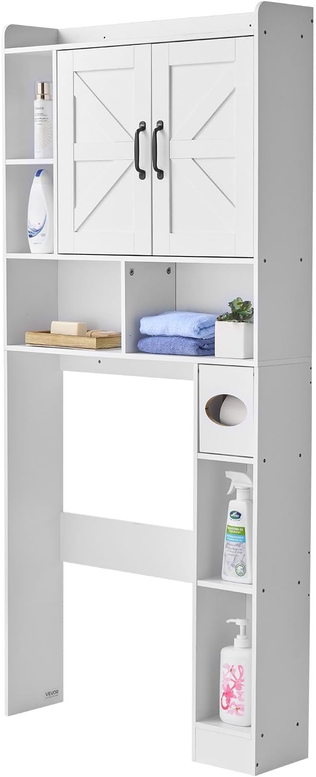 VEVOR Over The Toilet Storage Cabinet, 66.14‘’ Height Bathroom Storage Cabinet Over Toilet with Barn Door and Adjustable Shelf, Bathroom Space-Saving Toilet Rack White Wood with Open Shelf