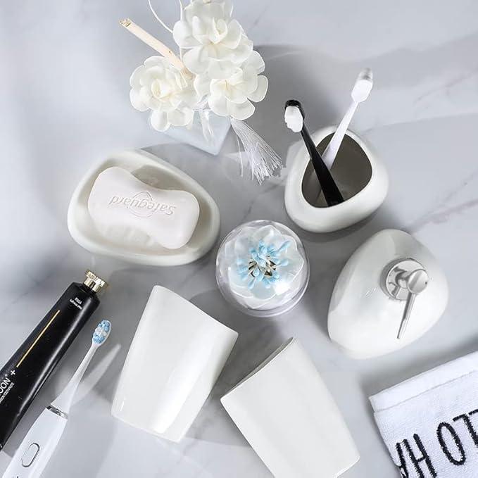 BLBYHO Ceramic Bathroom Accessory Set, 7 Pieces Countertop Accessories, Include Soap Dispenser, Toothbrush Holder, 2 Tumbler Cup, Soap Dish, Plastic Vanity Tray, Qtip Holder (White) - ModernBath