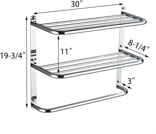 2-Tier Towel Rack Floating Shelf with Towel Bar, 30-Inch W x 8.25-Inch D Bathroom Hotel Towel Shelf, Wall Mount, Mounting Hardware Included,Polished Chrome - ModernBath