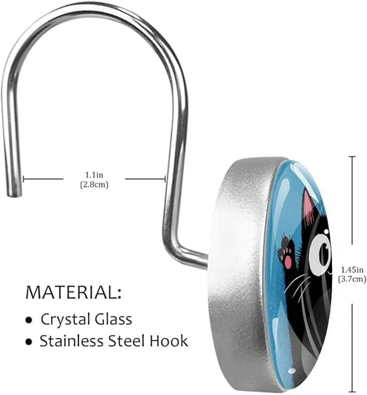 12 Packs Black Happy Cat Shower Curtain Hooks, Stainless Steel Glass Shower Curtain Rings for Bathroom, Rustproof Metal Curtain Rod Hooks - ModernBath
