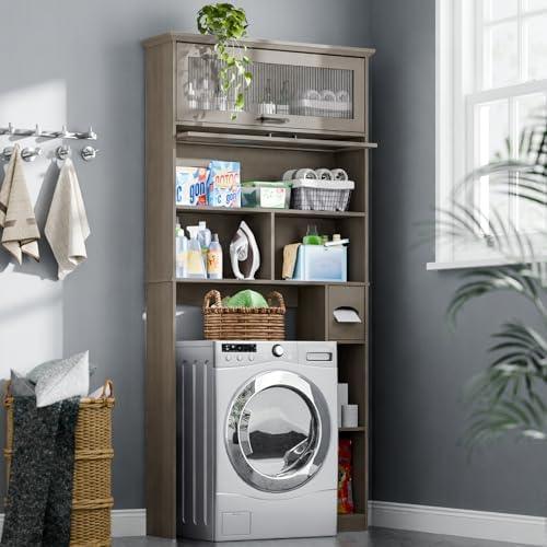 Over The Toilet Storage Cabinet with Transparent Door, Toilet Paper Storage Cabinet with Multi Layer Shelves Suitable for Bathroom, Laundry Room, Freestanding Bathroom Storage Rack,Grey - ModernBath