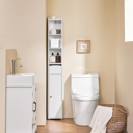 SoBuy Narrow Bathroom Storage Cabinet, Tall Slim Bathroom Organizer Cabinet with Adjustable Shelves, Skinny Freestanding Corner Cupboard for Small Spaces, White, BZR34-K-W