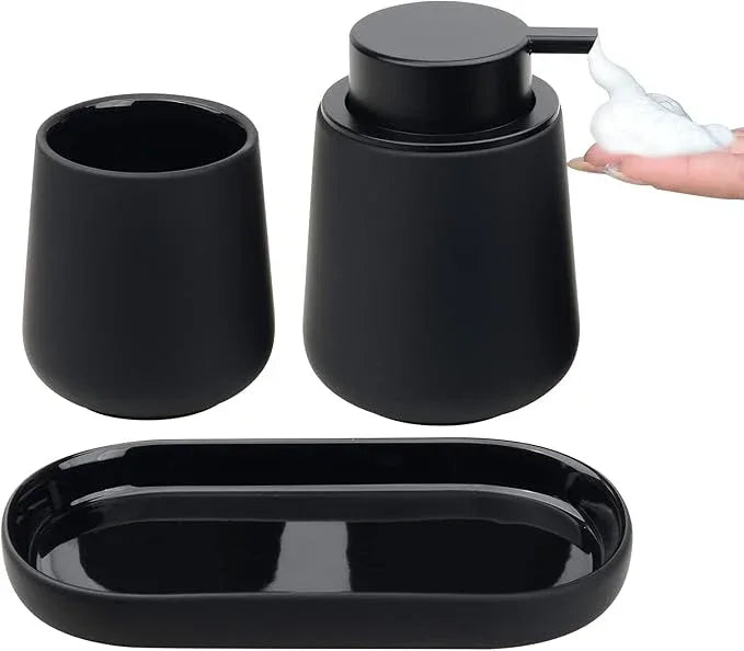 Black Bathroom Accessories Set 3 pcs - Ceramic Foaming Bathroom Soap Dispenser Set Farmhouse Black Bathroom Decor, Foam Soap Dispenser and Toothbrush Holder/Tumbler Cup, Tray - ModernBath