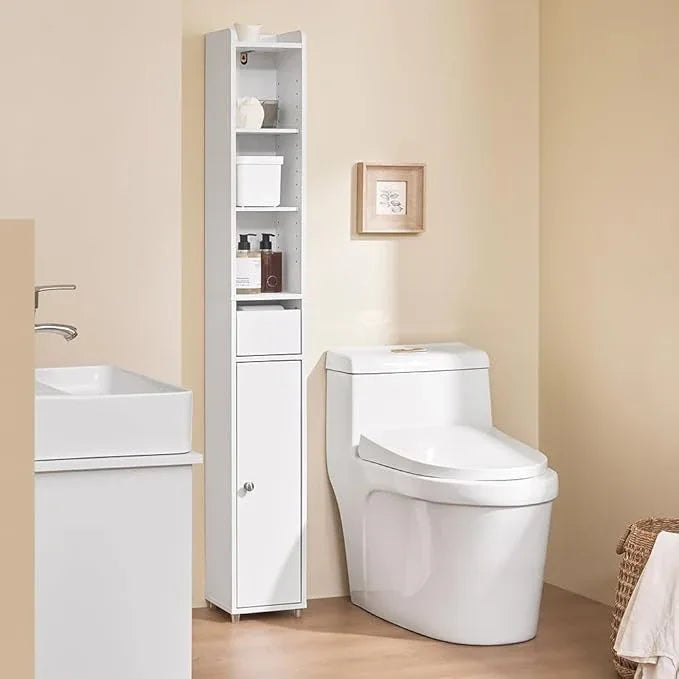 SoBuy Narrow Bathroom Storage Cabinet, Tall Slim Bathroom Organizer Cabinet with Adjustable Shelves, Skinny Freestanding Corner Cupboard for Small Spaces, White, BZR34-K-W - ModernBath