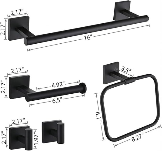 16" Matte Black Bathroom Hardware Accessories Set 5-Piece for RV Camper, SUS304 Stainless Steel Rustproof Towel Bar Kit, Durable Powder Coated Finish with 2 Robe Hooks (Matte Black)