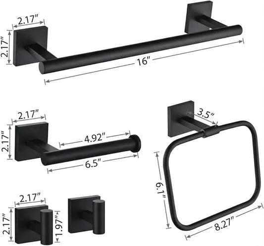 16" Matte Black Bathroom Hardware Accessories Set 5-Piece for RV Camper, SUS304 Stainless Steel Rustproof Towel Bar Kit, Durable Powder Coated Finish with 2 Robe Hooks (Matte Black) - ModernBath