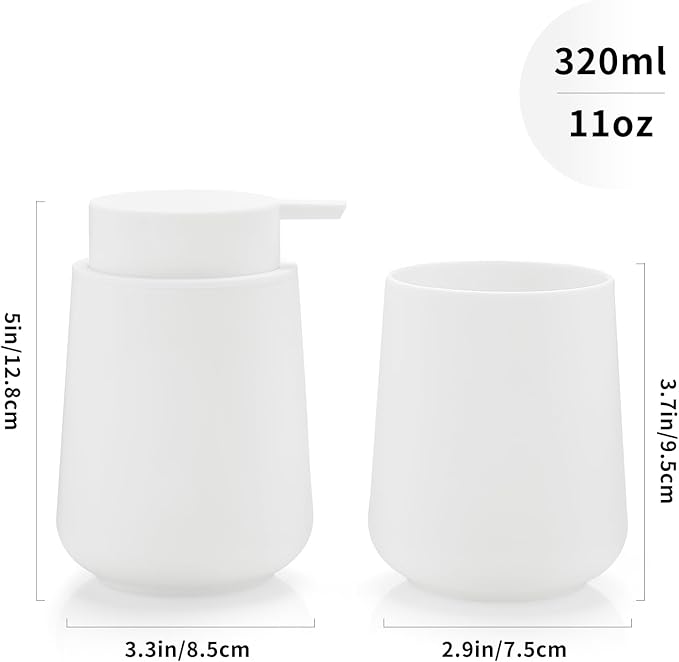 YAUKPH Matte White Bathroom Accessories 2 Piece Set Plastic Soap Dispenser and Toothbrush Holder for Modern Bathroom Decor