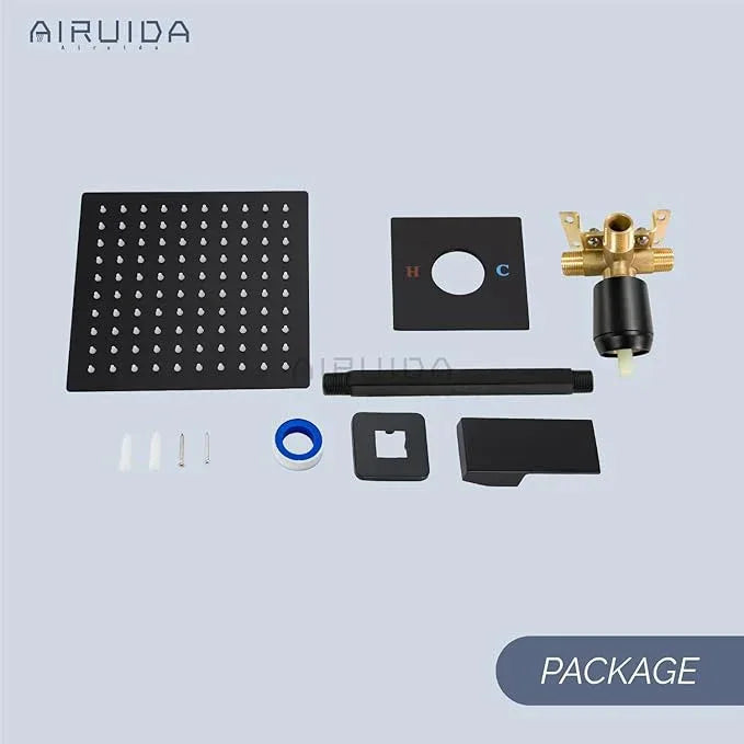 Airuida Shower Faucet Set and Handle Set Single Function Shower Trim Kit Ceiling Mount Rainfall Shower System with Male Threads and Rough-in Valve 10 Inch Square Shower Head Matte Black - ModernBath