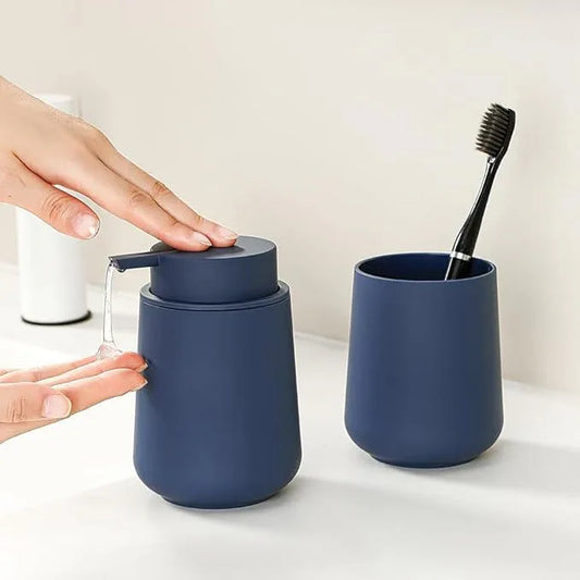 YAUKPH Matte Navy Blue Bathroom Accessories 2 Piece Set Plastic Soap Dispenser and Toothbrush Holder for Modern Bathroom Decor - ModernBath