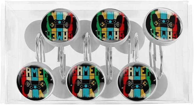 12 Pcs Decorative Shower Curtain Hooks, Rust Proof Glass Surface Stainless Steel Rings for Bathroom Bedroom Kitchen Home Bath Room Rods Decor (Rainbow Gamer) - ModernBath