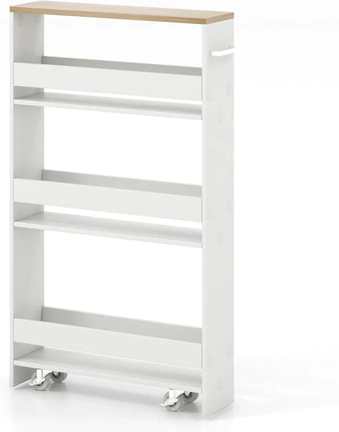 Giantex Slim Storage Cart 4 Tier, Rolling Side Cabinet w/Handle, Space Saving, Kitchen Utility Cart Tower Rack for Laundry Narrow Places (White & Brown) - ModernBath