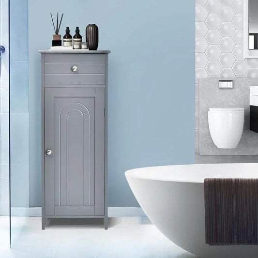 GOFLAME Bathroom Storage Cabinet, Freestanding Wooden Storage Cabinet with Large Drawer, 2 Float Shelves with 7 Positions, Bathroom Floor Cabinet Organizer for Living Room, Gray - ModernBath