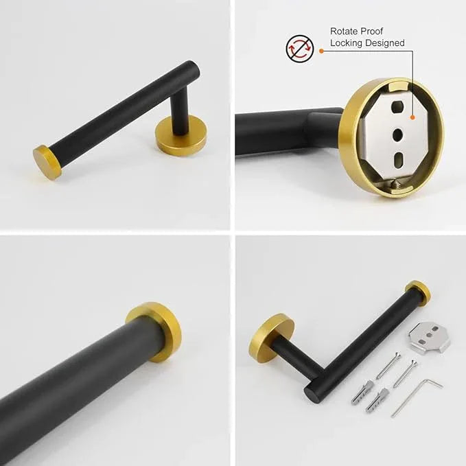 5-Pieces Bathroom Accessories Kit Black & Gold Wall Mounted - Includes 24" Double Towel Bar, 12" Hand Towel Bar, Toilet Paper Holder, 2X Robe Towel Hooks - ModernBath