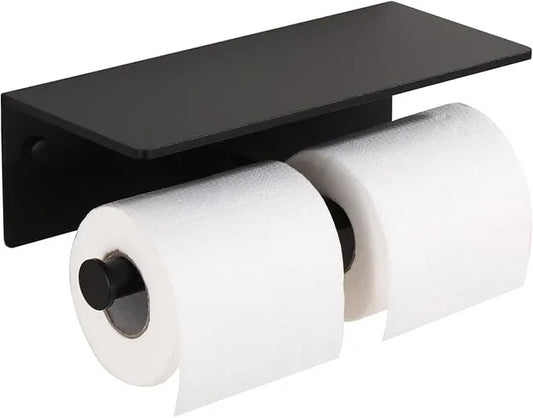 Toilet Paper Holder - Double Rolls Toilet Tissue Holder with Phone Shelf for Bathroom - TP Roll Holder with Wipes Storage, Wall Mounted by Adhesive Pad No Drilling or Screw - Matte Black - ModernBath