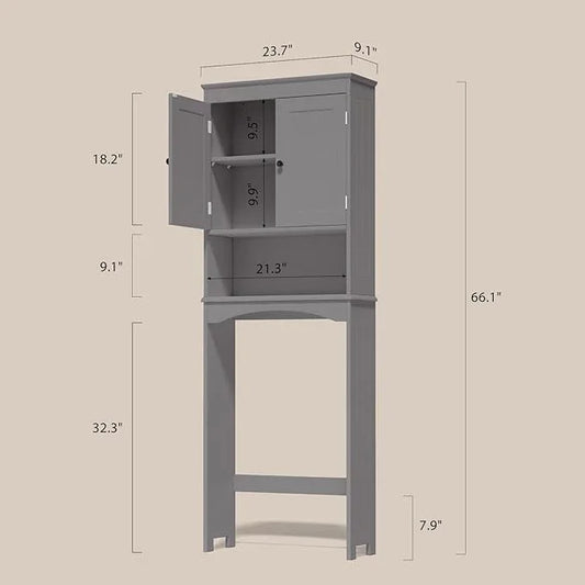 Gizoon Over The Toilet Storage Cabinet with Adjustable Shelf and Double Doors, Bathroom Space Saver Organizer Above Toilet with Open Shelf, Taller Wooden Free Standing Toilet Rack -Grey - ModernBath