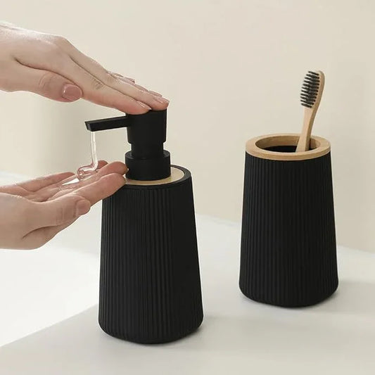 YAUKPH Bathroom Accessories 2 Piece Soap Dispenser and Toothbrush Holder Set Striped with Bamboo Decor Black - ModernBath