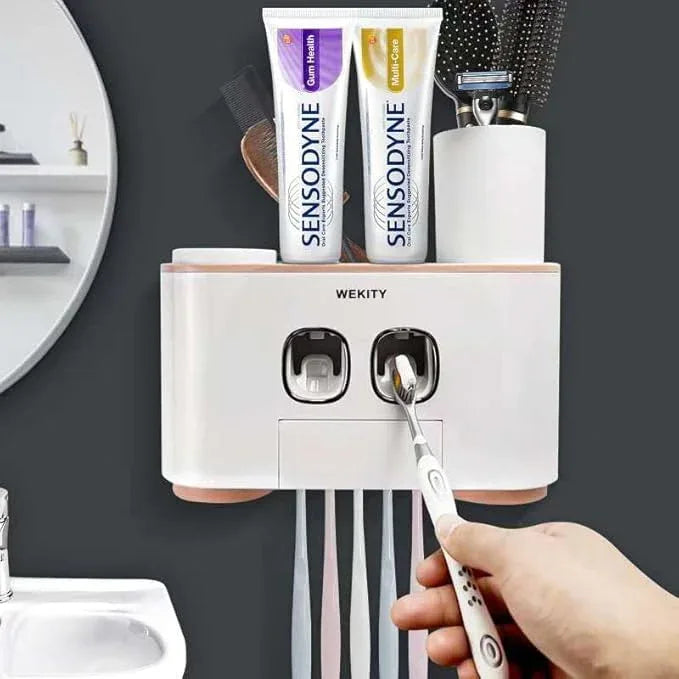 Toothbrush Holder Wall Mounted, WEKITY Multi-Functional Toothbrush and Toothpaste Dispenser for Bathroom, with 5 Toothbrush Slots, 2 Toothpaste Squeezers and 4 Cups(Pink) - ModernBath