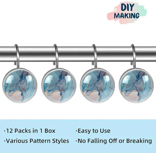 12 Pcs Decorative Shower Curtain Hooks, Rust Proof Glass Surface Stainless Steel Rings for Bathroom Bedroom Kitchen Home Bath Room Rods Decor (Blue Purple Gold Marble) - ModernBath