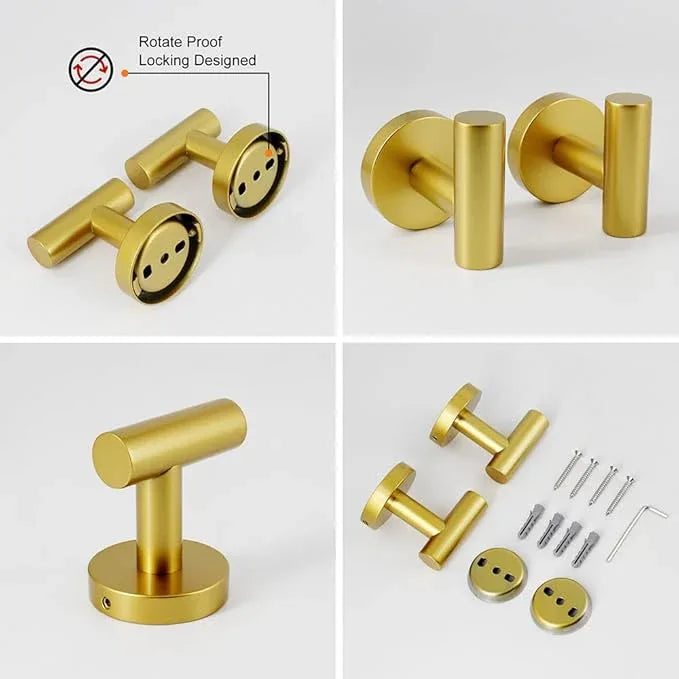 Gold 5-Pieces Bathroom Hardware Set Wall Mounted - Includes 24" Double Towel Bar, 12" Hand Towel Bar, Toilet Paper Holder, 2X Robe Towel Hooks - ModernBath