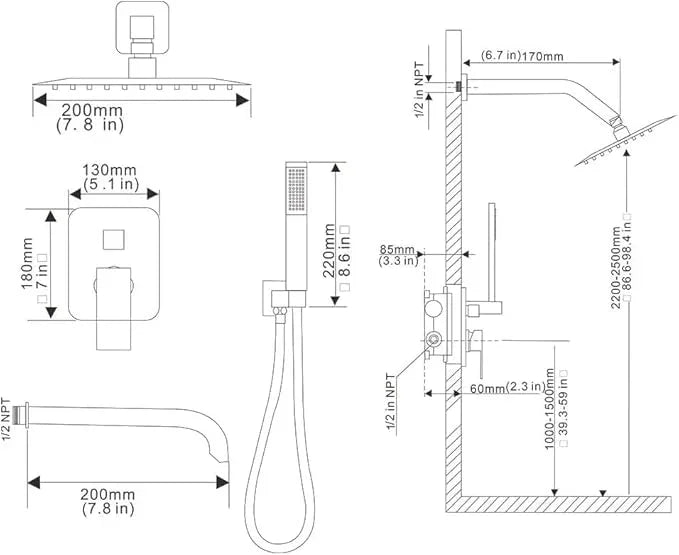 Heable Brushed Nickel Shower System Bathroom Shower Faucet Set with Tub Spout Wall Mounted 8 Inch Shower Head and Handle Set with Handheld 3 Function Tub and Shower Trim Kit with Valve - ModernBath