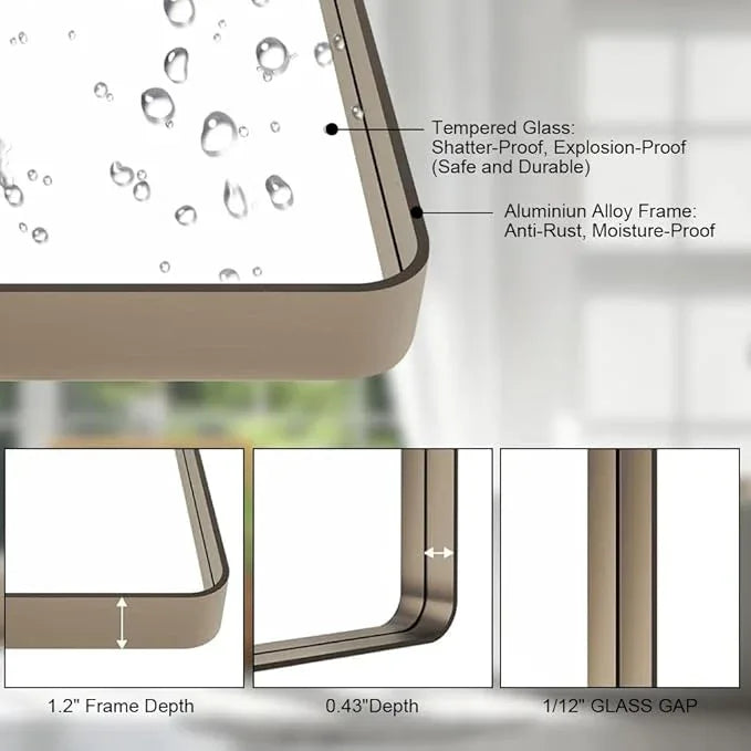 miroro Bronze 40x30 Inch Metal Framed Mirror for Wall, Large Rounded Rectangle Mirror, Anti-Rust, Tempered Glass, Hangs Horizontally or Vertically - ModernBath
