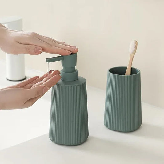 YAUKPH Bathroom Accessories 2 Piece Soap Dispenser and Toothbrush Holder Set Striped Sage Green - ModernBath
