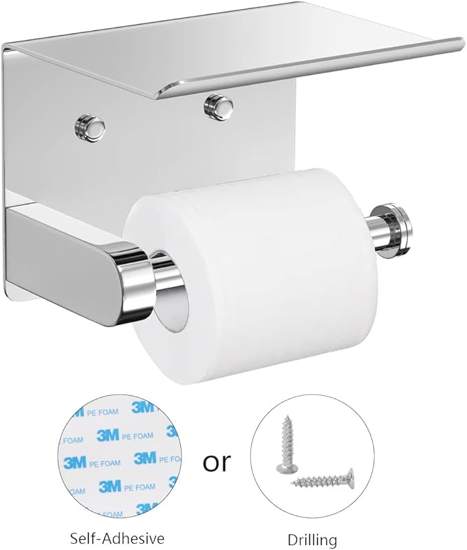 VAEHOLD Self Adhesive Toilet Paper Holder with Phone Shelf Stainless Steel Wall Mounted Toilet Paper Roll Holder - Bathroom Washroom Tissue Roll Holder with Storage Shelf - Bright Surface
