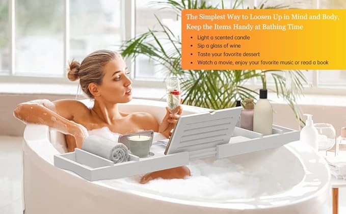 Zhuoyue Bamboo Bathtub Tray, Expandable Premium Bath Tray for Luxury Bathroom, Adjustable Bath Accessories for Tub with Soap Towel Book Holder, Extendable 29.5-43.3" White