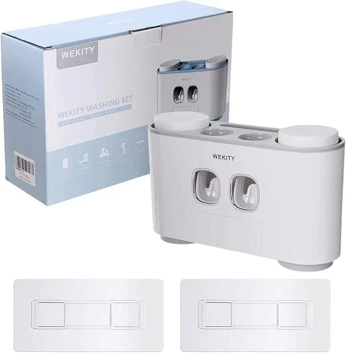 Toothbrush Holder WREWING Multi-Function Wall-Mounted Automatic Toothpaste Dispenser and Dust-Proof Toothbrush Holder with 5 Brush Slots 4 Cups 2 Automatic Toothpaste Dispensers 1 Storage Slot (Grey) - ModernBath