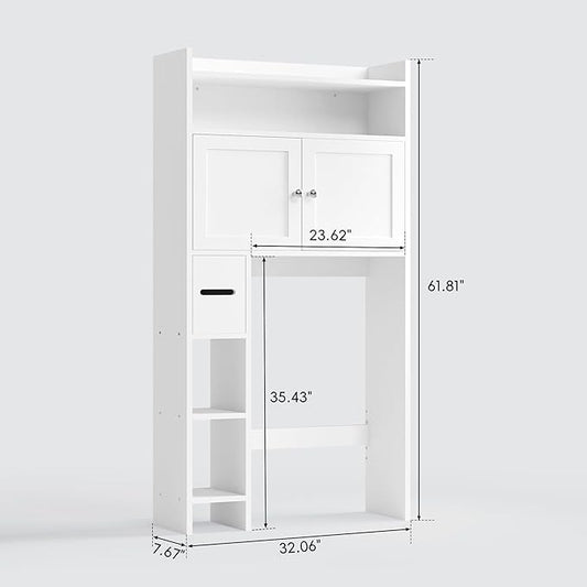 MU Over The Toilet Storage Cabinet with Doors, 32" Bathroom Storage Organizer with Side Shelves, Space-Saving Toilet Storage Rack for Bathroom, Laundry (White)