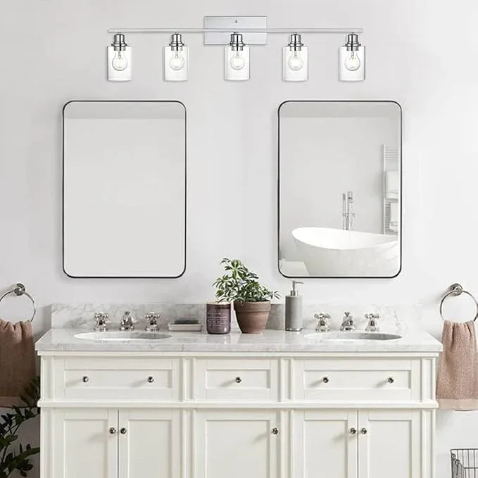 VINLUZ 5 Light Bathroom Lighting Fixture in Chrome Finish,Contemporary Indoor Wall Lights with Clear Cylinder Glass Shade Classic Vanity Light for Stair Entryway Hallway - ModernBath