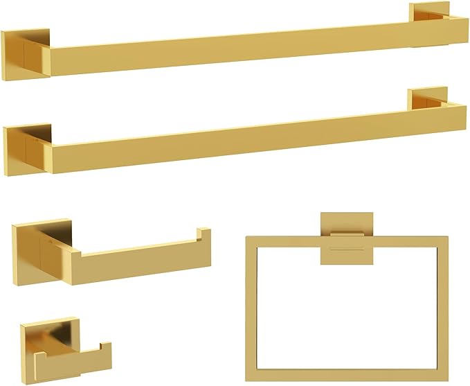 INDARE 5-Piece Bathroom Hardware Set, Brushed Gold Bathroom Accessories 304 Stainless Steel, Including 23.8 inch Bath Towel Bar*2, Double Towel Hook, Toilet Paper Holder, and Towel Ring