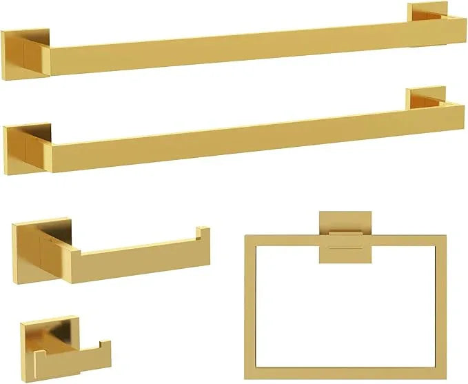 INDARE 5-Piece Bathroom Hardware Set, Brushed Gold Bathroom Accessories 304 Stainless Steel, Including 23.8 inch Bath Towel Bar*2, Double Towel Hook, Toilet Paper Holder, and Towel Ring - ModernBath