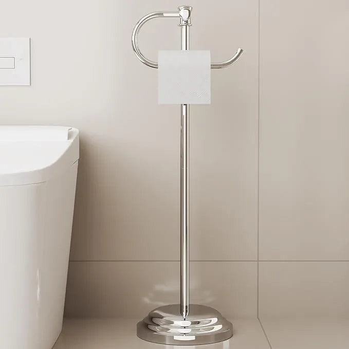 BESy Toilet Paper Holder Free Standing Bathroom Toilet Tissue Holder Stand for Floor Toilet Paper Roll Holder with Storage Hardware Accessories Rack Hand Towel Bar Polished Chrome Stainless Steel - ModernBath