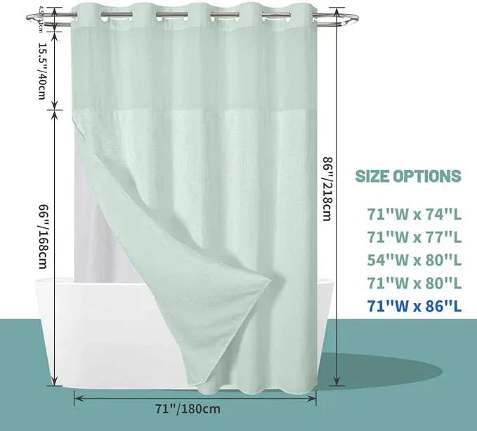 eachope MintGreen Extra Long No Hook Waffle Weave Shower Curtain with snap-in Liner Replacement, 230GSM Waterproof Fabric Hotel Shower Curtain Set for Bathroom, Through Mesh Top Window,71Wx86H - ModernBath