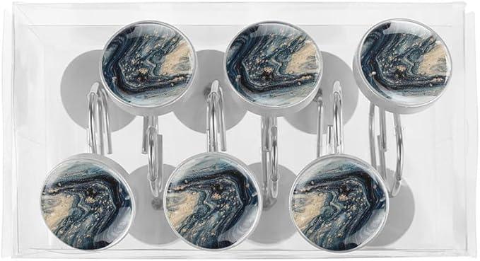 12 Pcs Decorative Shower Curtain Hooks, Rust Proof Glass Surface Stainless Steel Rings for Bathroom Bedroom Kitchen Home Bath Room Rods Decor (Black Gold Liquid) - ModernBath