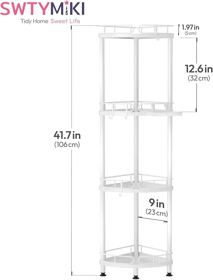 SWTYMIKI Corner Shower Caddy Standing - 4 Tier Stainless Steel Shower Organizer Stand with 4 Hooks & Soap Holder, Rustproof Metal Standing Tall Floor Shower Shelf and Bathroom Organizer, White - ModernBath