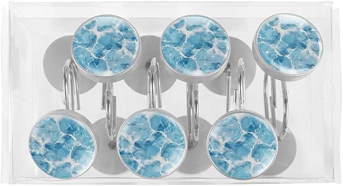 12 Pcs Decorative Shower Curtain Hooks, Rust Proof Glass Surface Stainless Steel Rings for Bathroom Bedroom Kitchen Home Bath Room Rods Decor (Blue Water Ripples) - ModernBath