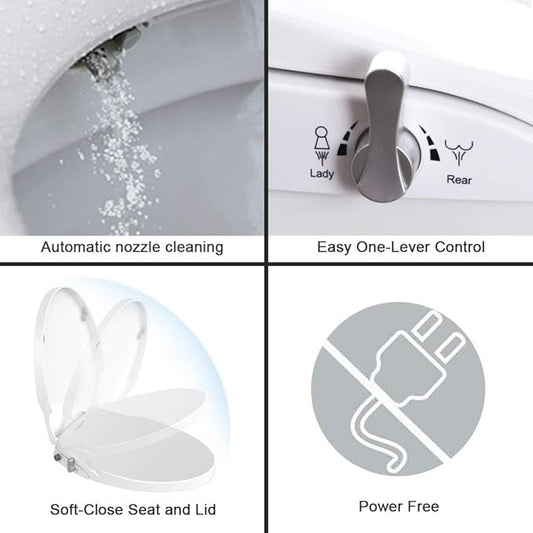 Toilet Seat Bidet Seat with Self Cleaning Dual Nozzles Non electric Separated Rear & Feminine Cleaning Natural Water Spray, soft close toilet seat,Easy DIY Installation