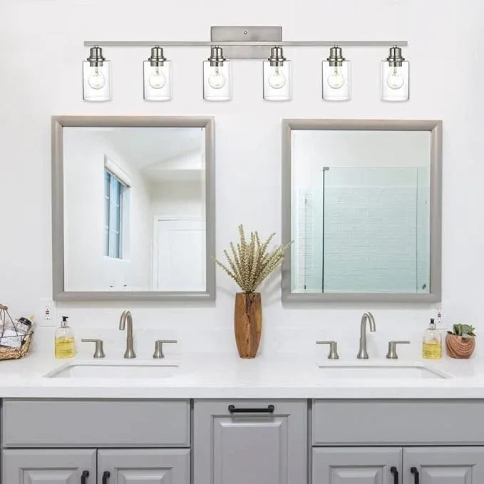 VINLUZ 6 Light Bathroom Lighting Fixture in Brushed Nickel Finish,Classic Metal Wall Mounted Lamp Over Mirror with Clear Glass Shade Industrial Vanity Light - ModernBath