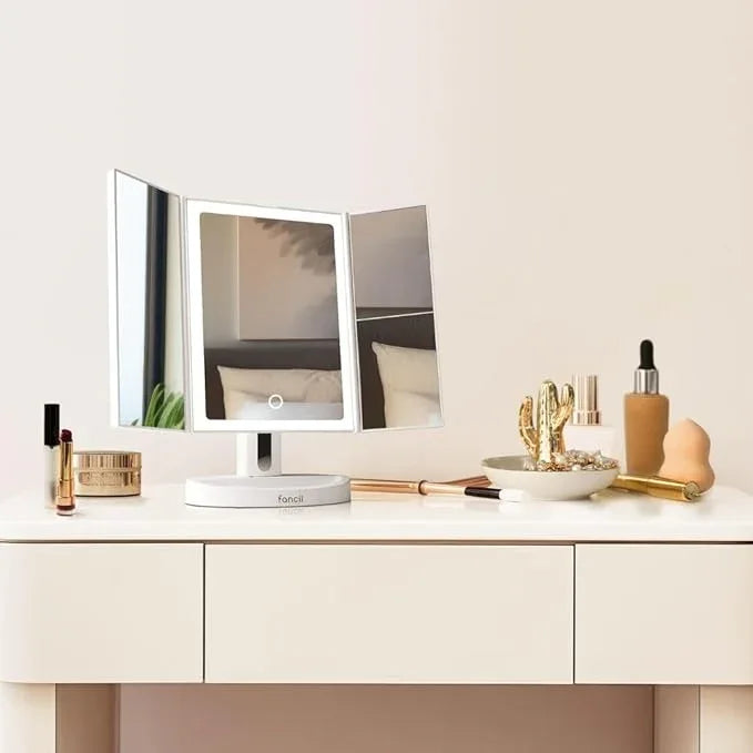 Fancii LED Lighted Vanity Makeup Mirror, Rechargeable Trifold Mirror with 5X & 10x Magnifications - 68 Dimmable Natural Lights, Touch Screen, Best Adjustable Make Up Mirror with Cosmetic Stand - ModernBath