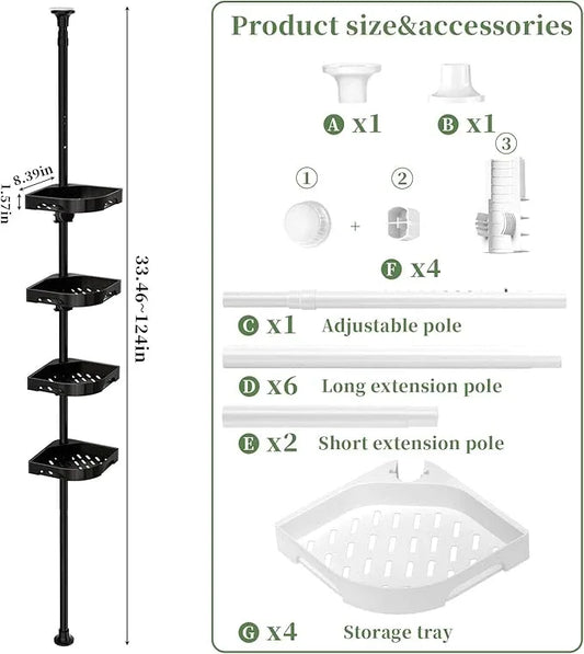 akinbas Tension Pole Shower Caddy Organizer with4 Tier L-Shaped Rust Resistant Bathroom Corner Shelves with 34-124 Inch Adjustable No Drilling Quick Install Shower Rack for Bath Essentials (Black) - ModernBath