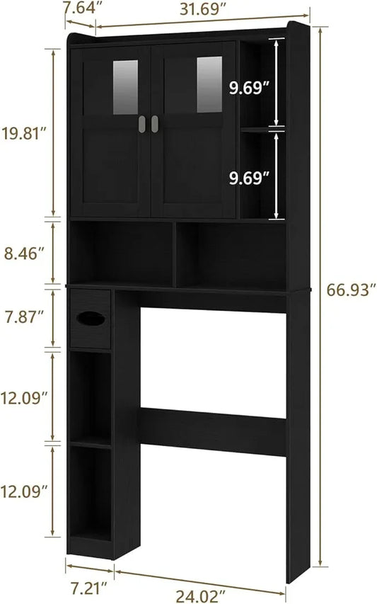Vabches Over The Toilet Storage Cabinet, Bathroom Shelf Over Toilet with Glass Doors and Adjustable Shelves, Black Freestanding Home Space Save Toilet Rack, for Restroom, Bathroom, Laundry - ModernBath
