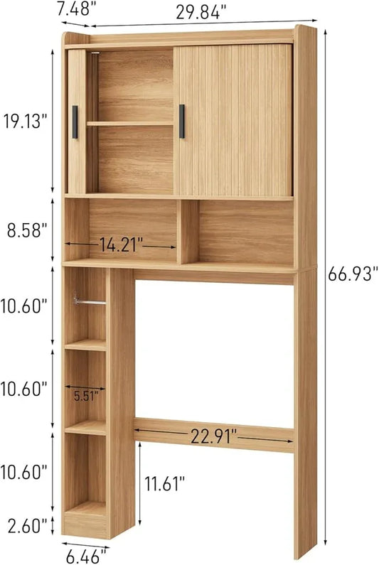 Over The Toilet Storage Cabinet,Farmhouse Toilet Cabinet Rack with 2 Tambour Sliding Doors and Toilet Paper Holder Stand,Toilet Shelf Space Saver with Towel Rack for Bathroom, Restroom, Laundry - ModernBath