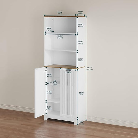 Bathroom Storage Cabinet - 66.8" Freestanding Tall Cabinet with Slatted Doors and Open Shelves, Adjustable Shelves, White Bathroom Organizer for Small Spaces, Bathroom Linen Tower with Closed Storage