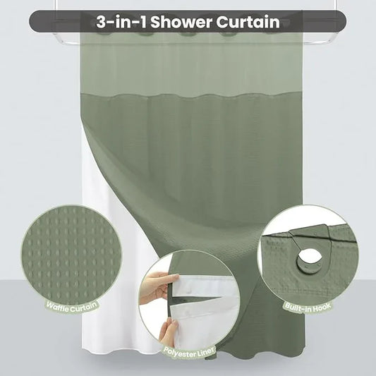Inhousolu No Hook Shower Curtain with Snap in Fabric Liner Set Waffle Weave 230GSM Weighted Hem, Waterproof & Washable Bathroom Curtain Spa Luxury with Mesh Top Window 72" W x 72" L Sage Green - ModernBath
