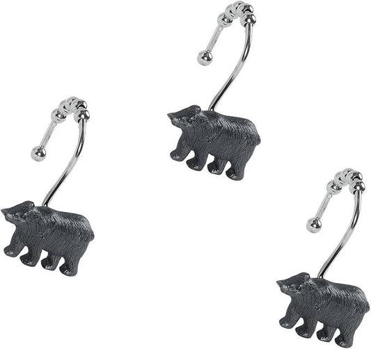 Rustic Black Bear Shower Curtain Hooks, Rustproof Farmhouse Lodge Cabin Shower Hooks for Shower Curtain, 5 Roller Ring Balls Bathroom Curtain Hooks, Outdoor Decorative Animal Hooks, Set of 12 - ModernBath