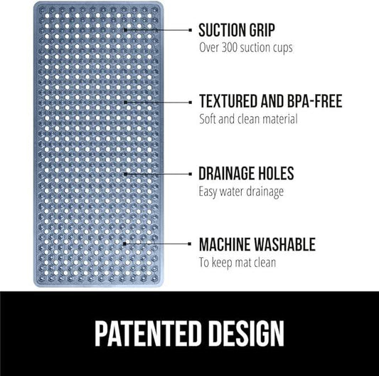 GORILLA GRIP Patented Bath Tub Shower Mat, Machine Washable Bathtub Floor Liner Mats, Suction Cups and Drain Holes to Keep Tubs Clean, Soft on Feet, Bathroom Essentials, 35x16 Inch, Clear Navy - ModernBath