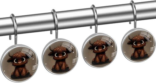 Brown Highland Cow Shower Curtain Hooks Rings, Stainless Steel Rust Proof Shower Curtain Hooks, Decorative Shower Hooks for Bathroom Shower Rods Curtains, Set of 12 - ModernBath